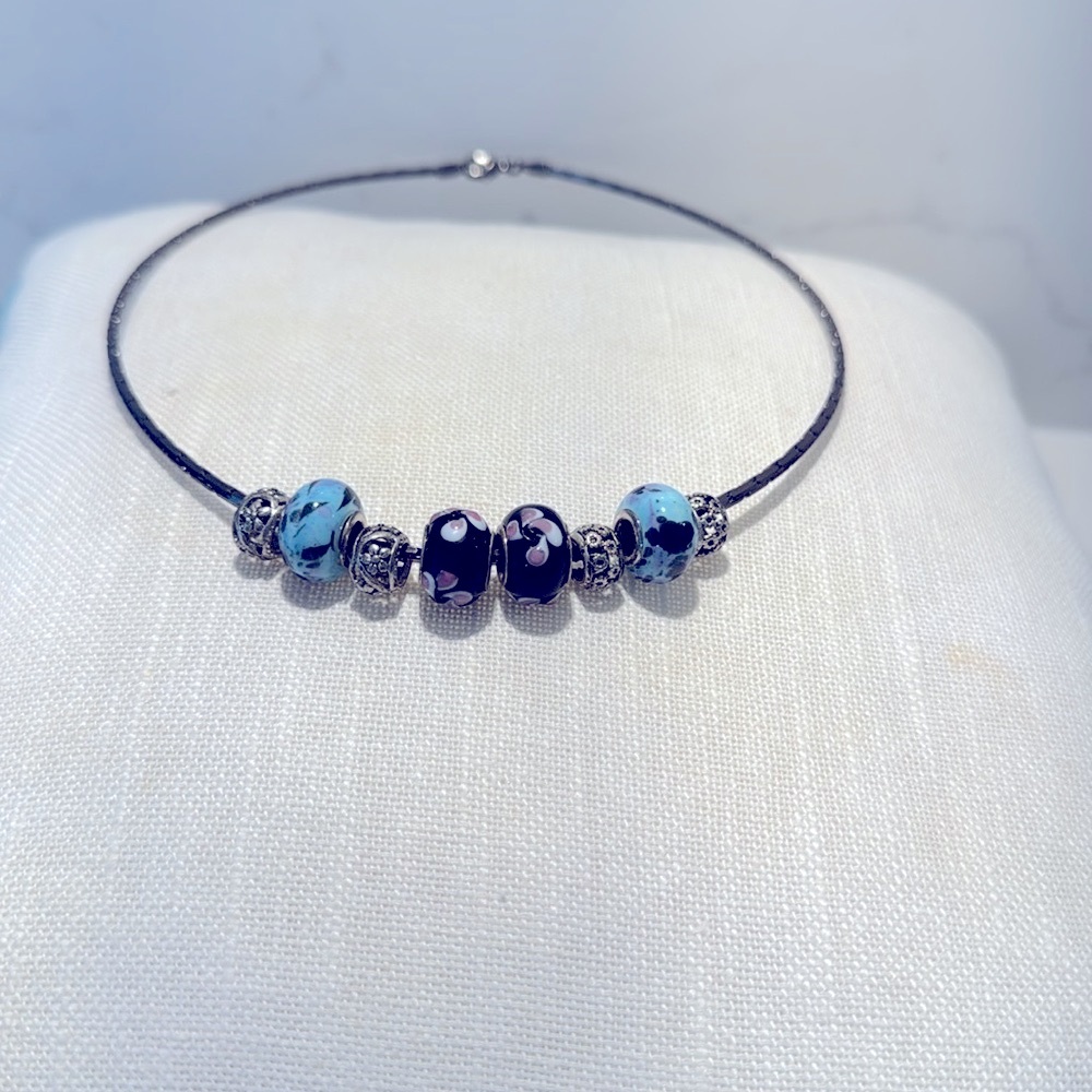 Handcrafted Wire beaded necklace choker, blue, black silver beads